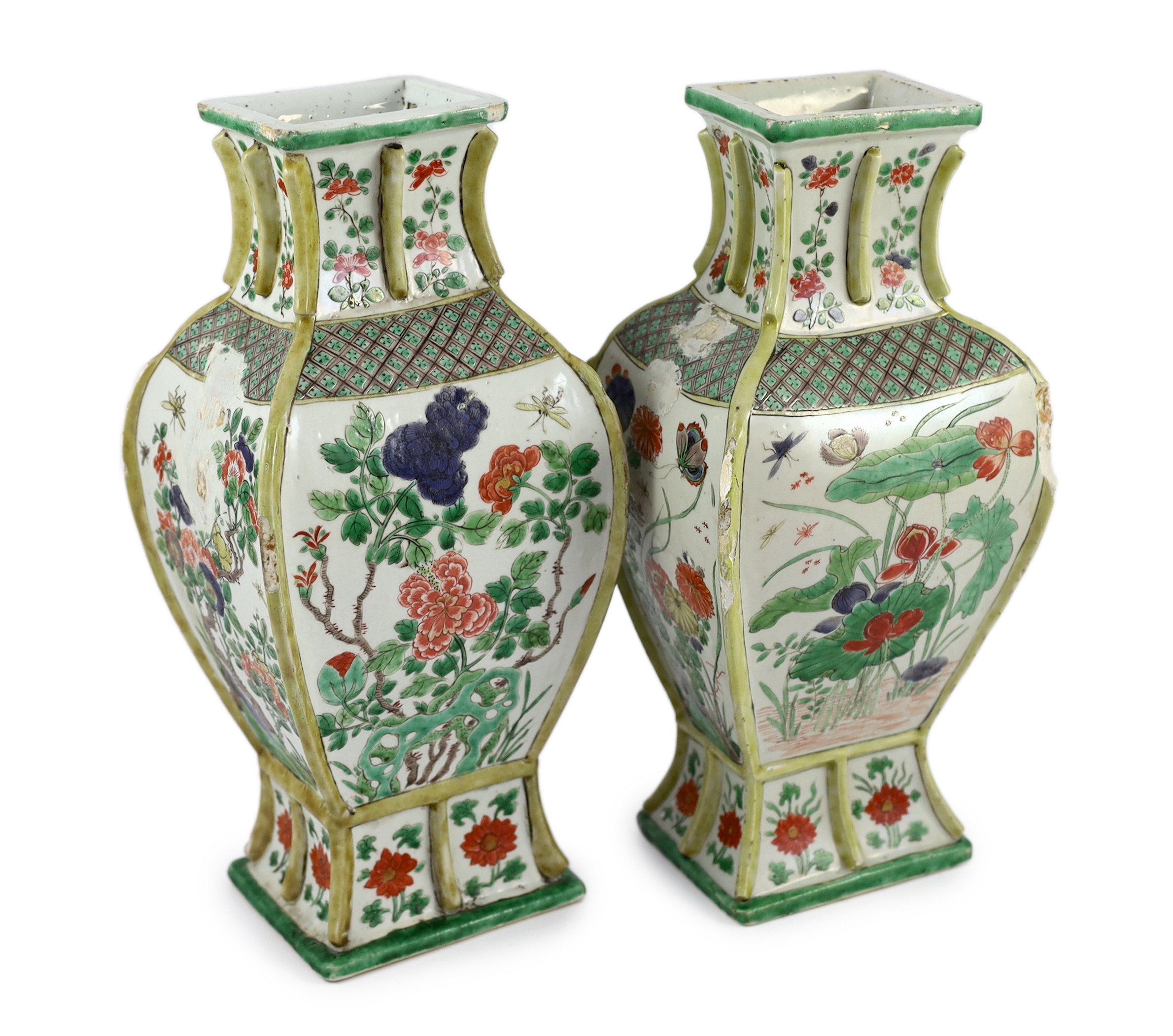 A pair of Chinese famille verte vases, fanghu, Kangxi period, losses and restorations